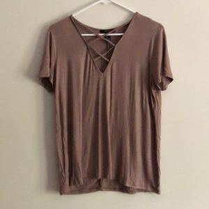 mauve top with cross-cross neckline